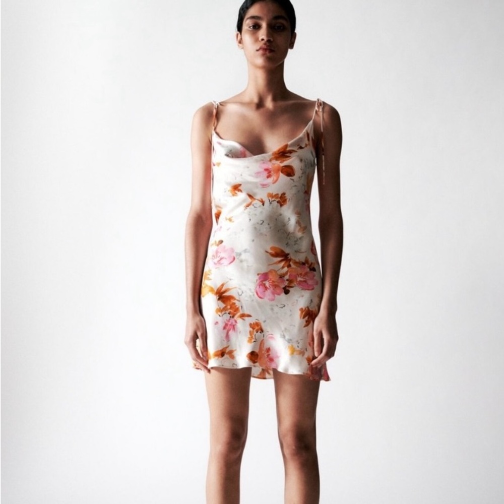 Zara Floral Cowl Neck Mini Dress